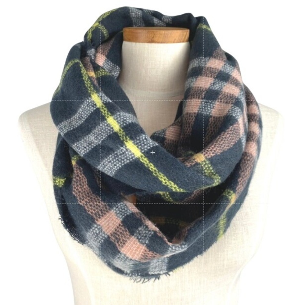 Tartan Plaid Infinity Knit Scarf Multicolor Frayed Edge Preppy Aspencore